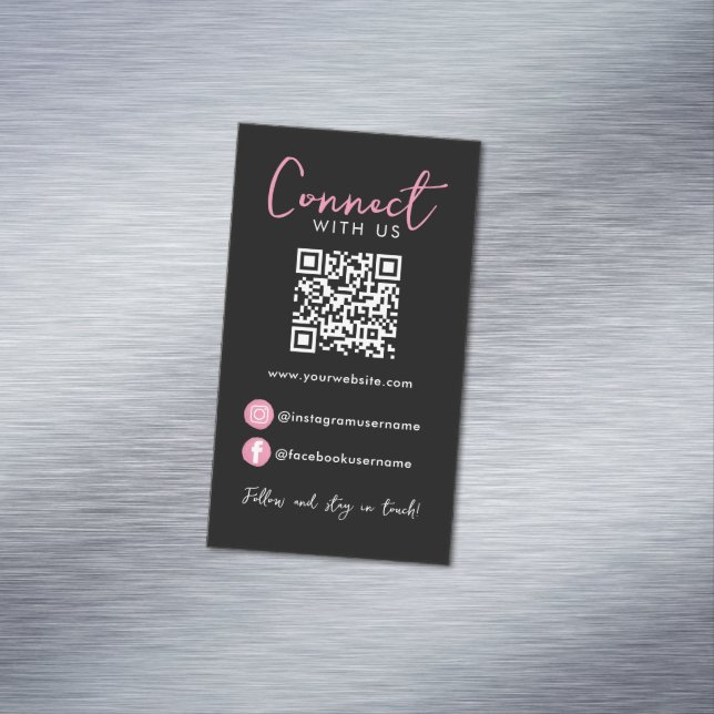Tarjeta De Visita Magnética El código QR profesional rosa negro se conecta con (In Situ)