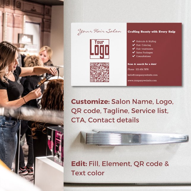 Tarjeta De Visita Magnética Elegancia De Doble Tono: Salón Profesional De Pelo (Dual-Tone Elegance: Professional Hair Salon Business Card Magnet, Custom Logo, QR code, Tagline)