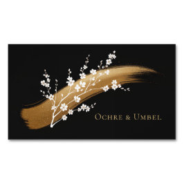 Tarjeta De Visita Magnética Elegant Cherry Blossom Gold Brushstroke Black