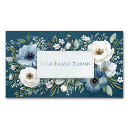 Tarjeta De Visita Magnética Elegant Dusty Blue White Floral Teal Gold Frame
