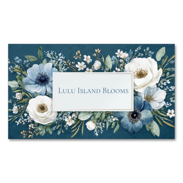 Tarjeta De Visita Magnética Elegant Dusty Blue White Floral Teal Gold Frame (Anverso)