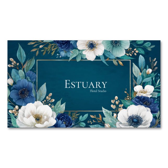 Tarjeta De Visita Magnética Elegant Navy Blue White Anemone Teal Gold Frame (Anverso)