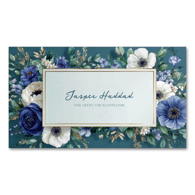 Tarjeta De Visita Magnética Elegant Navy Blue White Floral Teal Gold Frame (Anverso)