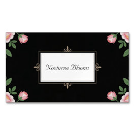 Tarjeta De Visita Magnética Elegant Pink Rose Floral Gold Scroll Black