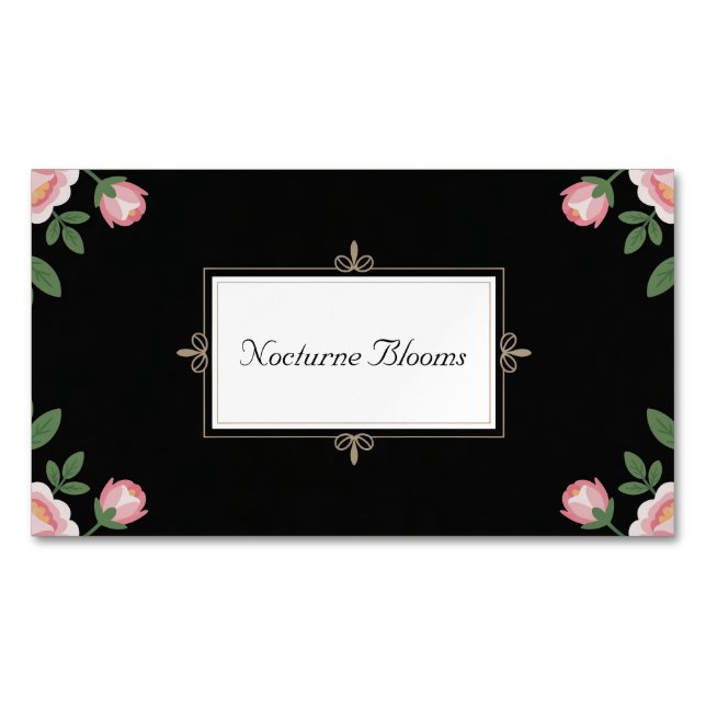 Tarjeta De Visita Magnética Elegant Pink Rose Floral Gold Scroll Black (Anverso)