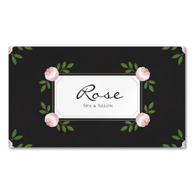 Tarjeta De Visita Magnética Elegant Pink Rose Floral on Black (Anverso)