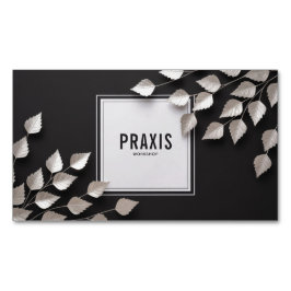 Tarjeta De Visita Magnética Elegant Silver Leaf Branch Minimalist Black