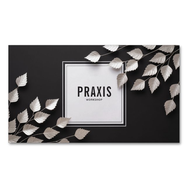 Tarjeta De Visita Magnética Elegant Silver Leaf Branch Minimalist Black (Anverso)