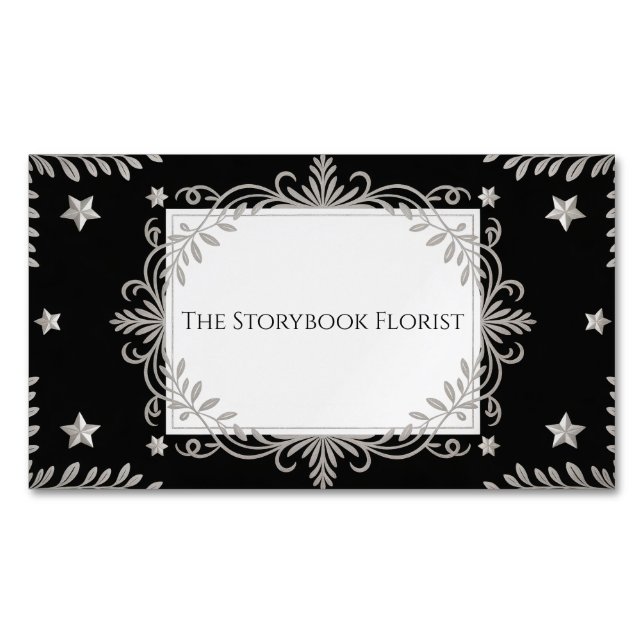 Tarjeta De Visita Magnética Elegant Silver Ornate Star & Leaf Black Celestial (Anverso)