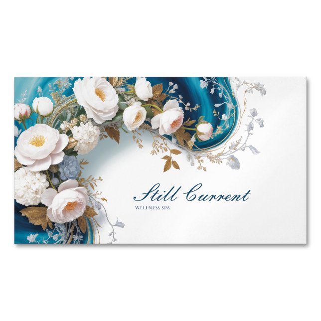 Tarjeta De Visita Magnética Elegant Teal Blue Gold Silver Floral Peony (Anverso)