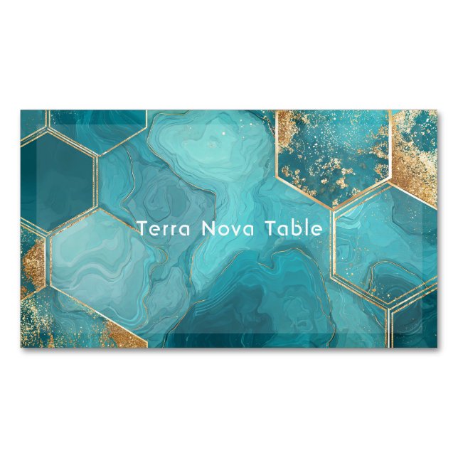 Tarjeta De Visita Magnética Elegant Teal Gold Hexagon Geometric Liquid Marble (Anverso)