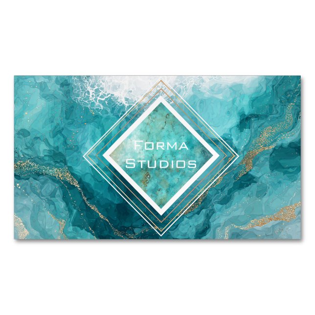 Tarjeta De Visita Magnética Elegant Teal Gold Ocean Wave Liquid Marble (Anverso)