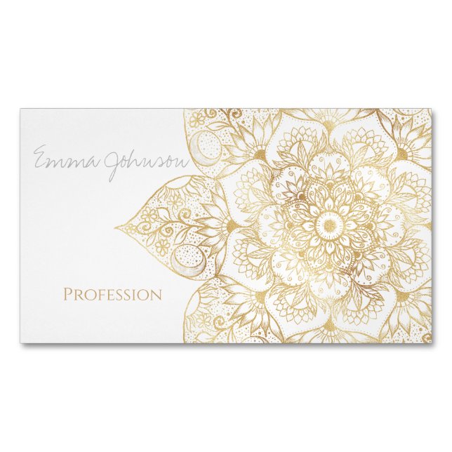 Tarjeta De Visita Magnética Elegant White Gold Mandala Floral  (Anverso)