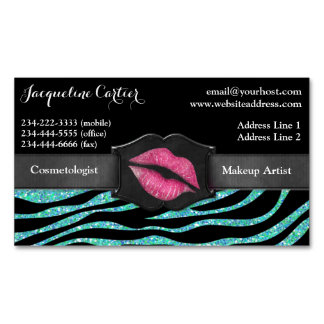 Tarjeta De Visita Magnética Elegante Aqua Zebra Purpurina Kiss Cosmetólogo