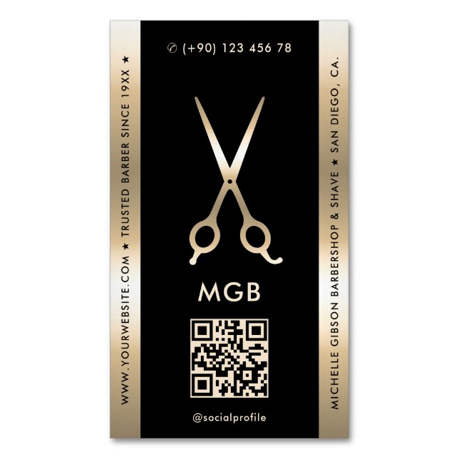 Tarjeta De Visita Magnética Elegante Barber Barbershop Tijeras de Oro Negro (Frente vertical)