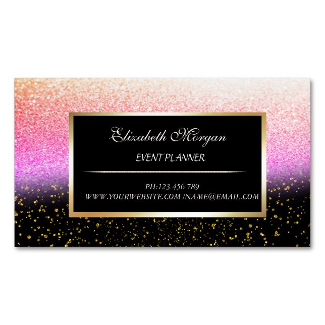 Tarjeta De Visita Magnética Elegante Confetti de oro moderno, negro, marco bok (Anverso)