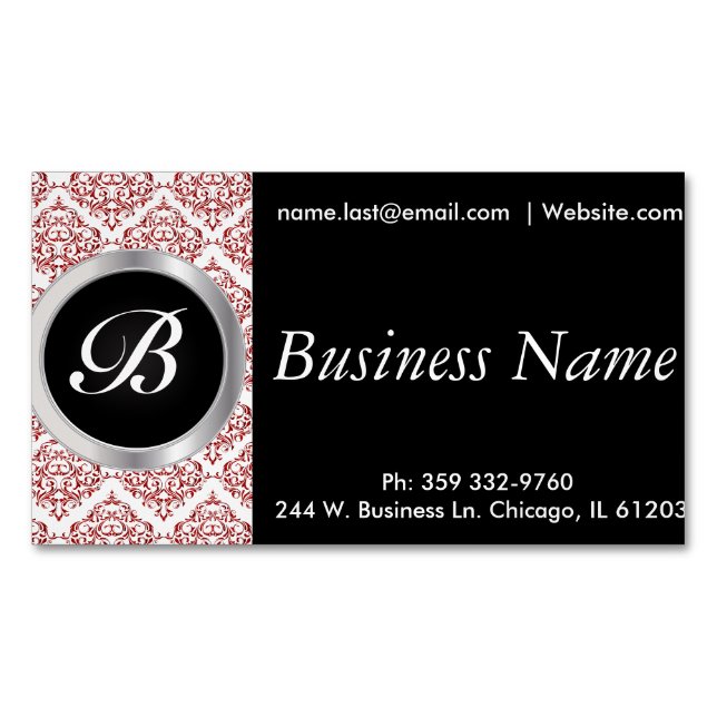 Tarjeta De Visita Magnética Elegante Damasco negro y rojo (Anverso)