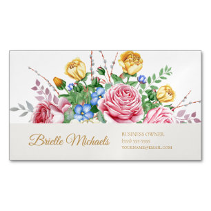 Tarjeta De Visita Magnética Elegante floral Rosa de primavera rosa y amarilla