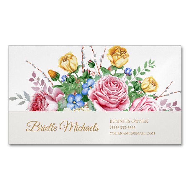Tarjeta De Visita Magnética Elegante floral Rosa de primavera rosa y amarillo (Anverso)