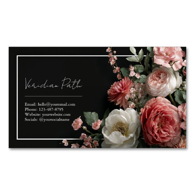 Tarjeta De Visita Magnética Elegante Moody Floral Pink Peony (Anverso)
