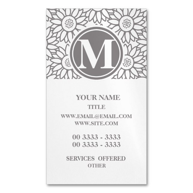 Tarjeta De Visita Magnética Elegante Patrón de girasol monogramado (Frente vertical)