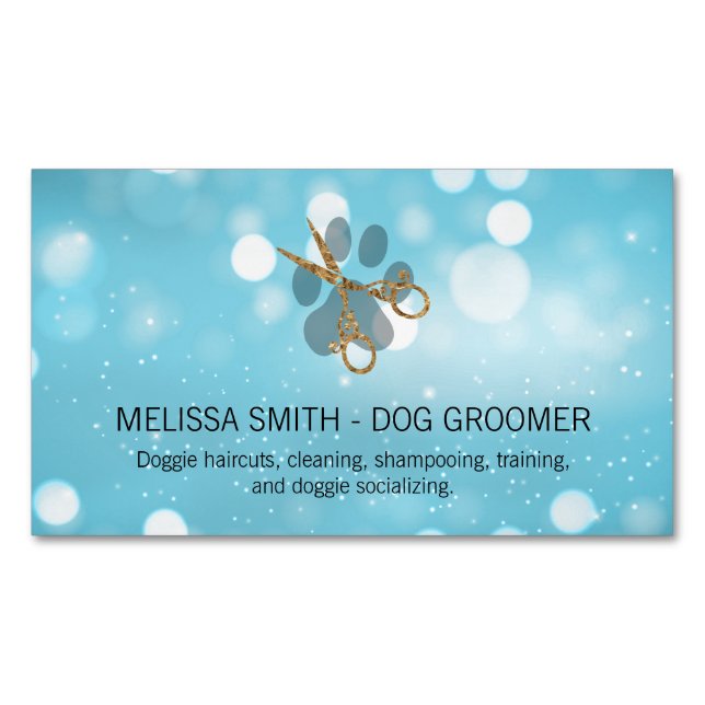 Tarjeta De Visita Magnética Elegante Perro Groomer | Blue Boke (Anverso)