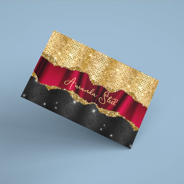 Tarjeta De Visita Magnética Elegante Purpurina falso rojo oro negro monograma  (Subido por el creador)