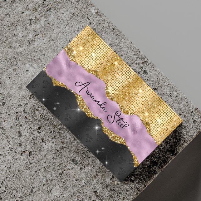 Tarjeta De Visita Magnética Elegante Purpurina falso Violet Gold negro monogra (Subido por el creador)