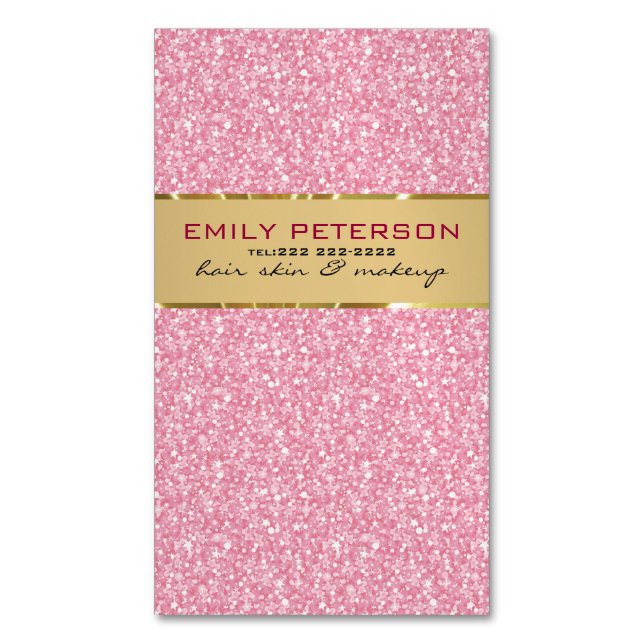 Tarjeta De Visita Magnética Elegante Purpurina Rosa Con Acentos De Oro (Frente vertical)