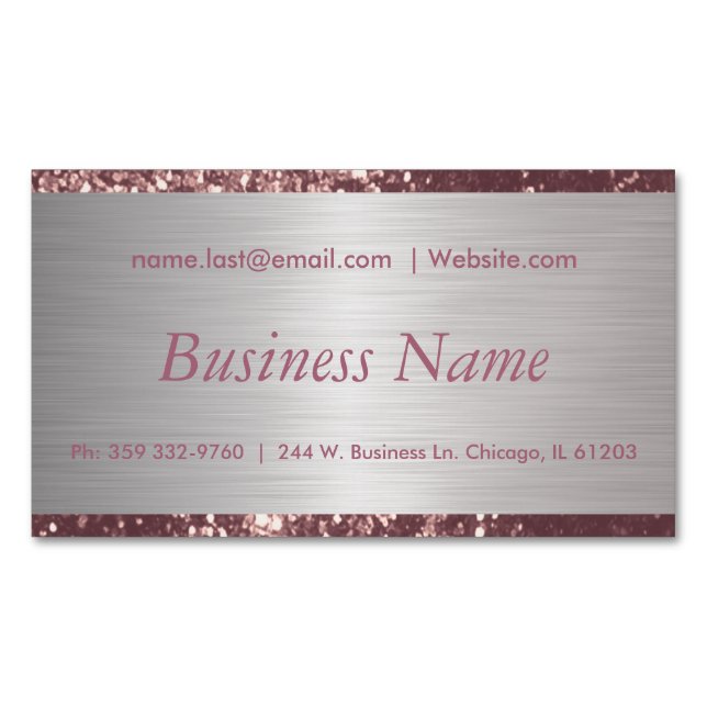 Tarjeta De Visita Magnética Elegante Rosa Polvo y Acero de Cepillo Plata (Anverso)