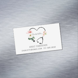 Tarjeta De Visita Magnética Enfermera Caregiver Estetoscopio Floral Promociona