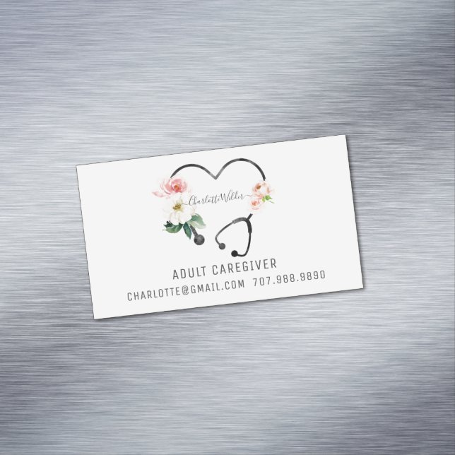 Tarjeta De Visita Magnética Enfermera Caregiver Estetoscopio Floral Promociona (In Situ)