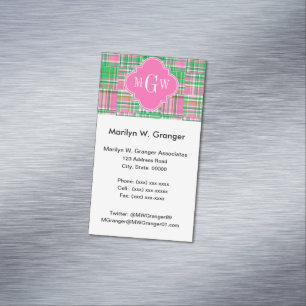Tarjeta De Visita Magnética Esmeralda Rosa Brillante Preppy Parche Madras Mono