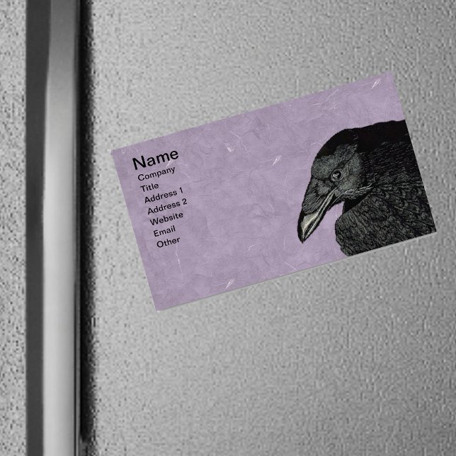 Tarjeta De Visita Magnética Espeluznante Cara de cuervo negro (black crow head face on marbled purple magnetic business card.)