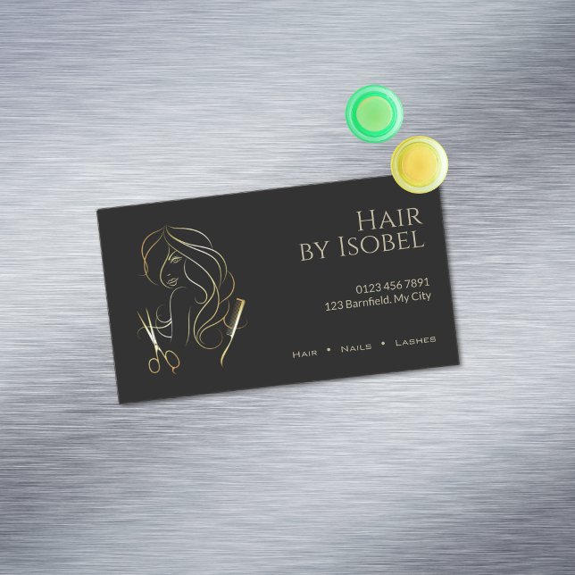 Tarjeta De Visita Magnética Estilo de pelo negro y dorado (Subido por el creador)