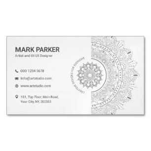 Tarjeta De Visita Magnética Estudio de Arte de Mandala Elegante Blanco Creativ