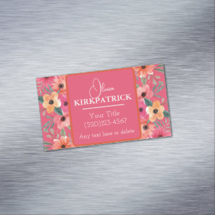 Tarjeta De Visita Magnética Floral De Acuarela Rosa Y Naranja Doblado