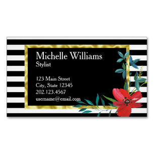 Tarjeta De Visita Magnética Flores rojas florales Black White Stripes Gold Bor