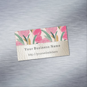 Tarjeta De Visita Magnética Flores rosas y piel de imitación crema