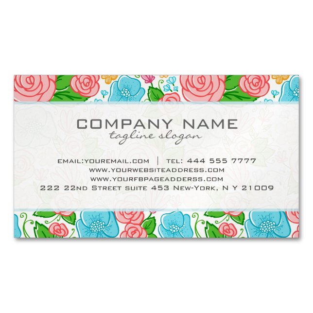 Tarjeta De Visita Magnética Flores Y Rosas Pastel En Azul Y Blanco Rosa (Anverso)
