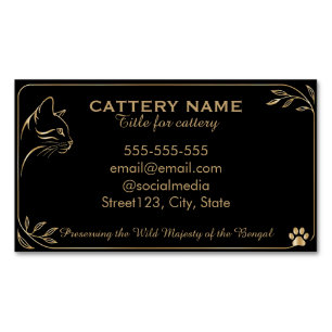 Tarjeta De Visita Magnética Gatería de gatos Bengal negros y dorados elegante 