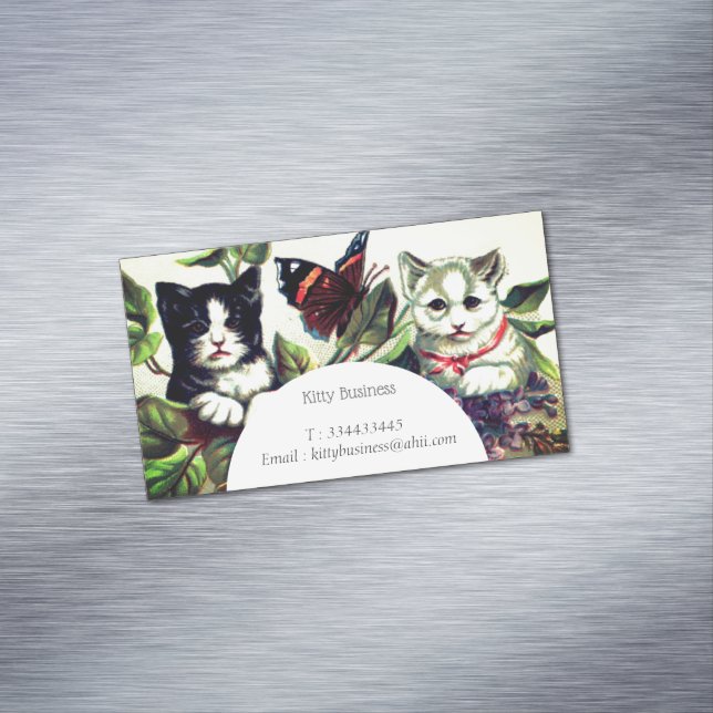 Tarjeta De Visita Magnética Gatitos de época con mariposa (In Situ)