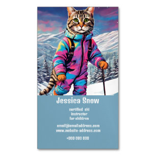 Tarjeta De Visita Magnética Gato invernal con estilo esquíando