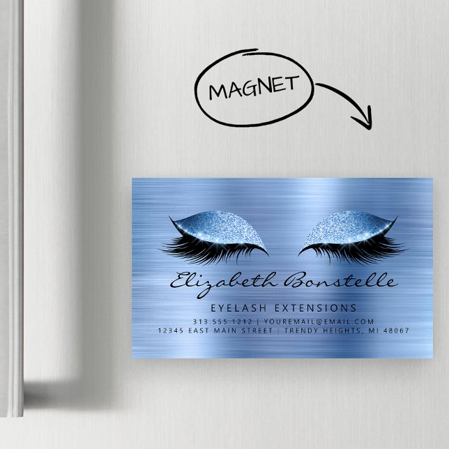 Tarjeta De Visita Magnética Glitter Eyes Brushed Metal Lash Extensions Blue (Subido por el creador)
