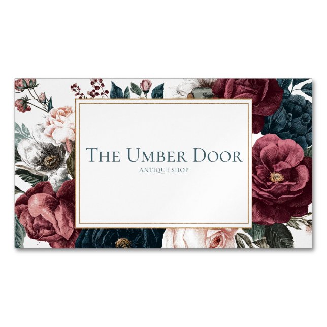 Tarjeta De Visita Magnética Gothic Moody Floral Burgundy Teal Rose Gold Frame (Anverso)