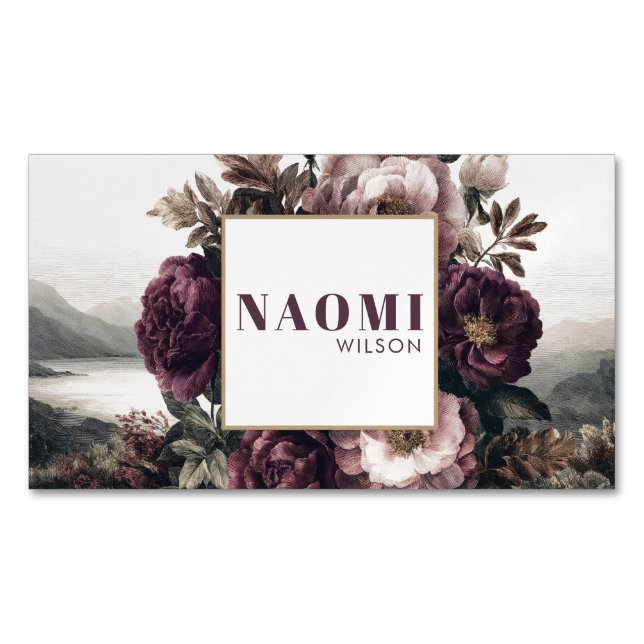 Tarjeta De Visita Magnética Gothic Purple Peony Lake Landscape Gold Frame (Anverso)