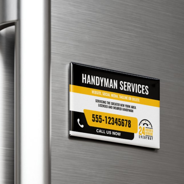 TARJETA DE VISITA MAGNÉTICA HANDYMAN FIX IT GUIÓN URGENTE REPARACIÓN AMARILLO  (Subido por el creador)