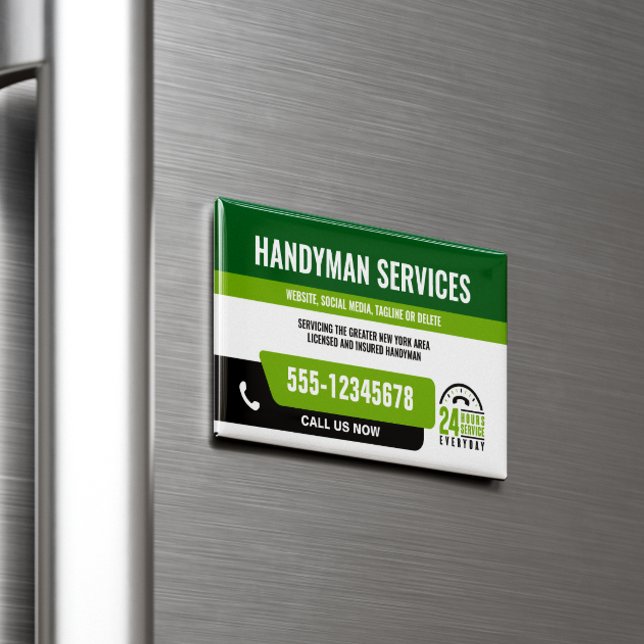 TARJETA DE VISITA MAGNÉTICA HANDYMAN FIX IT GUY URGENTE REPARACIÓN VERDE NEGRO (Subido por el creador)