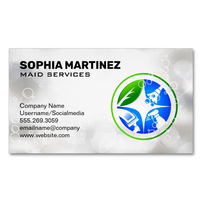 Tarjeta De Visita Magnética Iconos de limpieza de tareas domésticas | Soap Bub (Anverso)