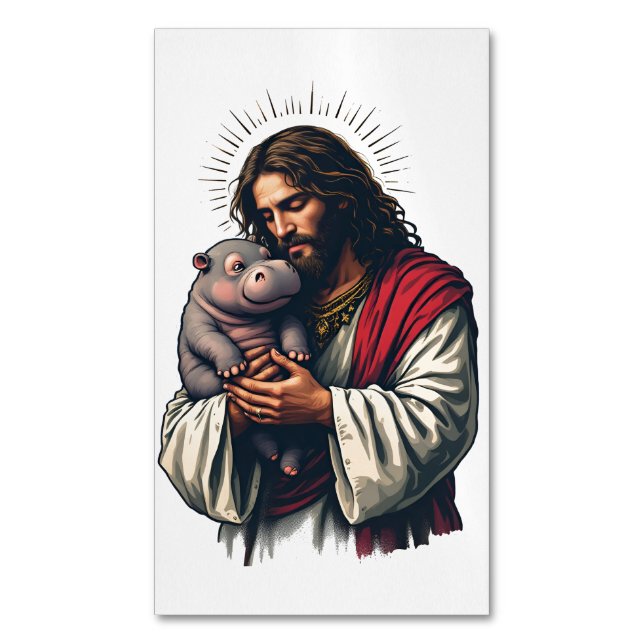 Tarjeta De Visita Magnética Jesús sostiene a un bebé Moo Deng Hippo (Frente vertical)